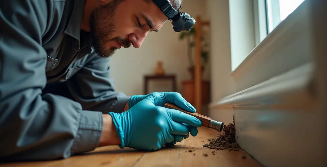 Technicien examinant attentivement les plinthes d'une chambre avec équipement professionnel